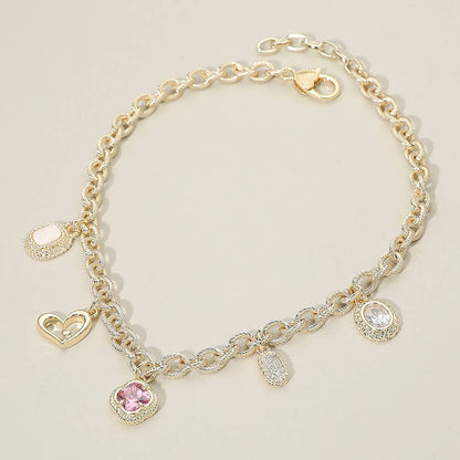 14K Gold Plated CZ Mixed Charm Station Necklace