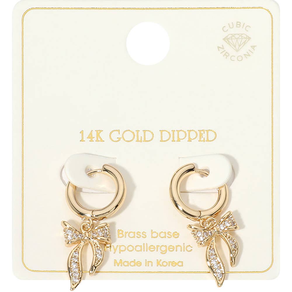 Gold Dipped CZ Stone Paved Boutique Ribbon Huggie Earrings: Gold
