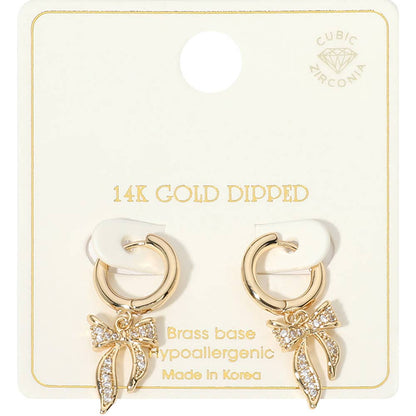Gold Dipped CZ Stone Paved Boutique Ribbon Huggie Earrings: Gold
