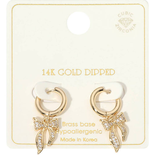 Gold Dipped CZ Stone Paved Boutique Ribbon Huggie Earrings: Gold