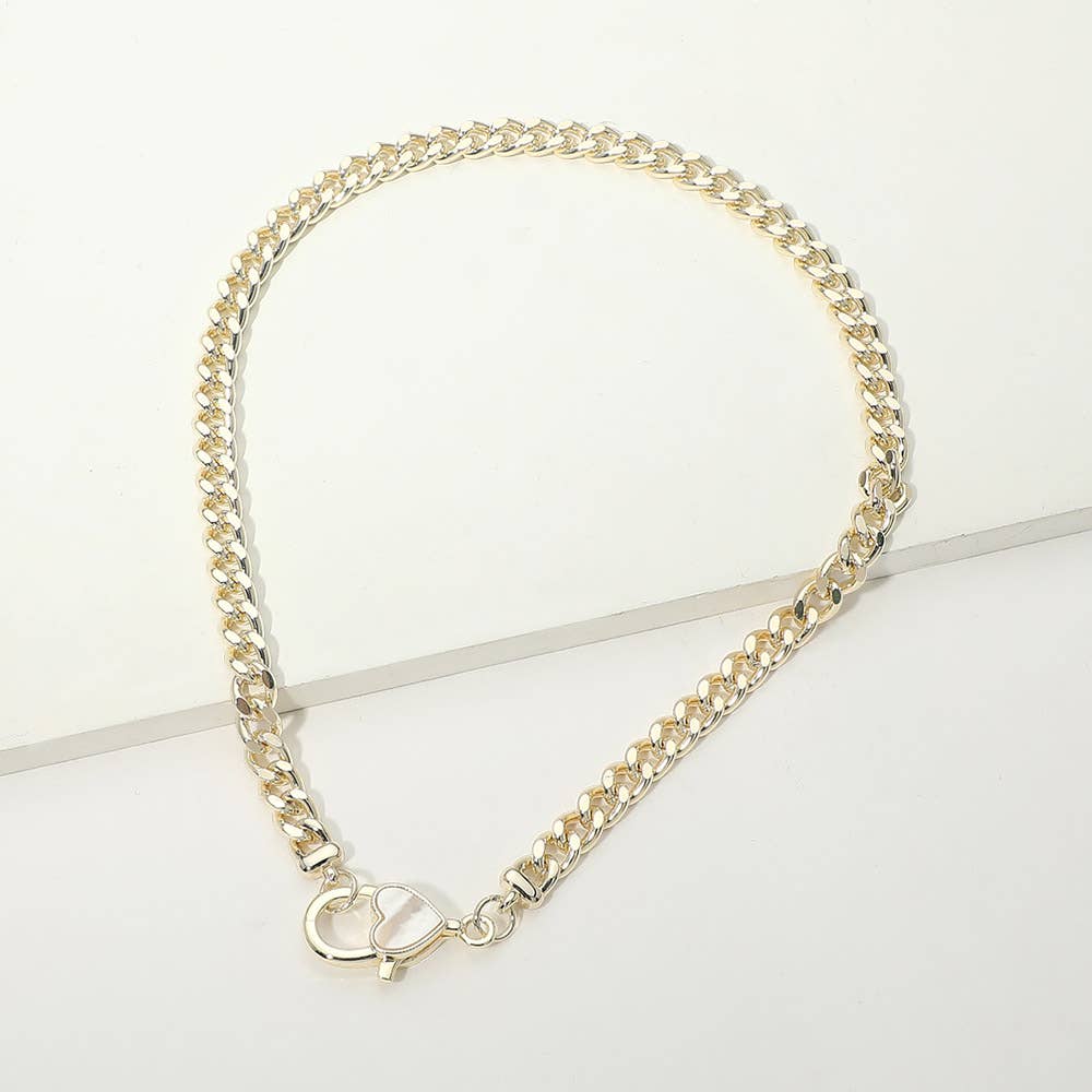 14K Gold Plated Mother of Pearl Heart Clasp Curb Chain Necklace: Gold,Mother of Pearl