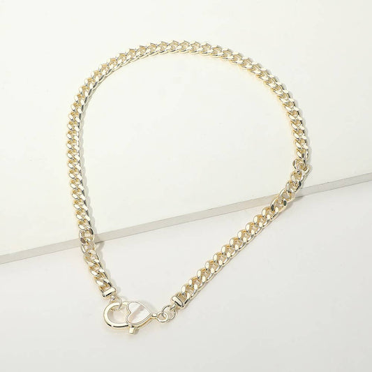 14K Gold Plated Mother of Pearl Heart Clasp Curb Chain Necklace: Gold,Mother of Pearl