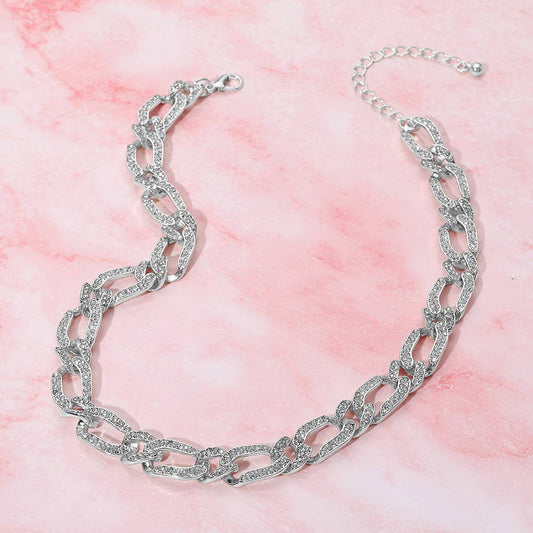 Stone Paved Chunky Chain Necklace: Clear,Rhodium