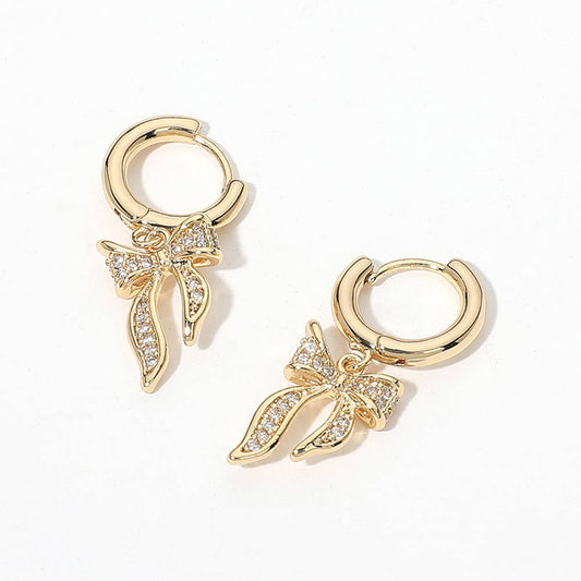Gold Dipped CZ Stone Paved Boutique Ribbon Huggie Earrings: Gold