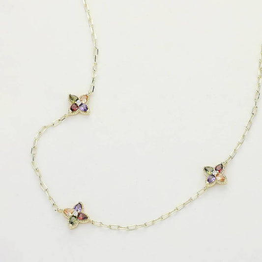 14K Gold Plated Colorful CZ Clover Pendant Chain Necklace