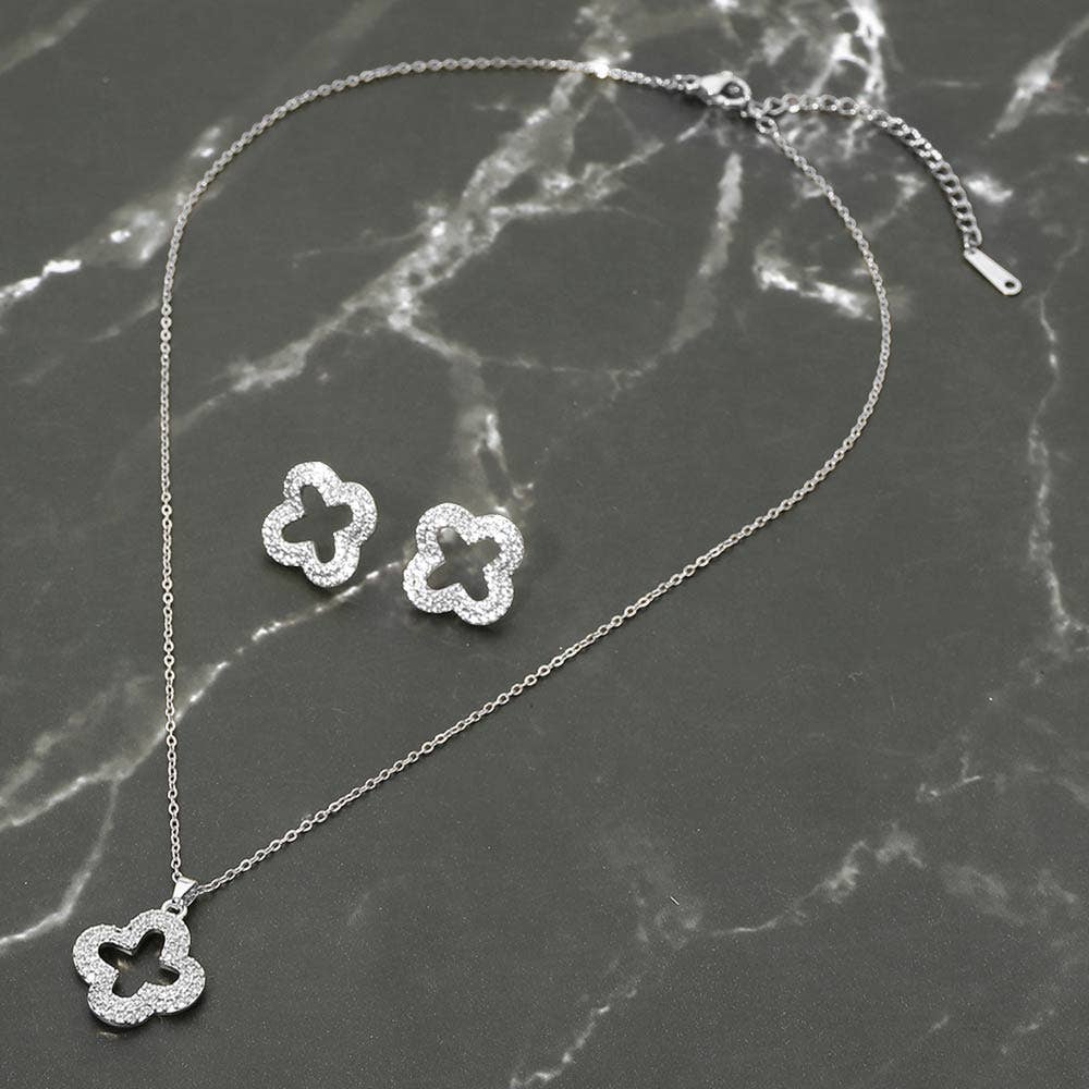Stainless Steel Stone Pave Open Quatrefoil Pendant Necklace: Rhodium