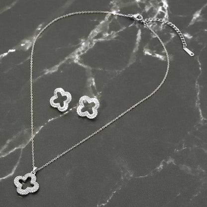 Stainless Steel Stone Pave Open Quatrefoil Pendant Necklace: Rhodium