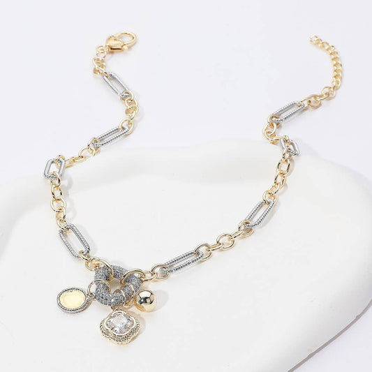 2 Tone 14K Gold Plated CZ Heart Quatrefoil Pendant Necklace