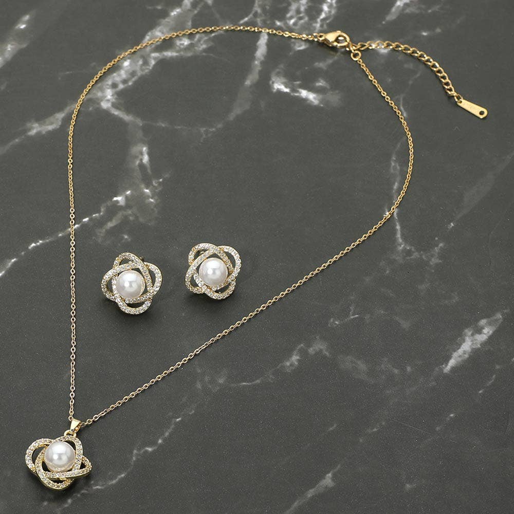 Stainless Steel Pearl Accent Stone Pave Flower Pendant Necklace: Gold