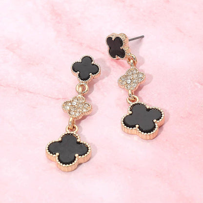 Triple Quatrefoil Drop Earrings: Black,Gold