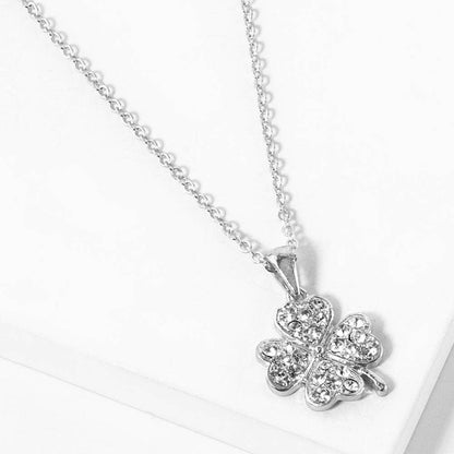 Stone Paved Mini Clover Pendant Necklace: Clear,Rhodium