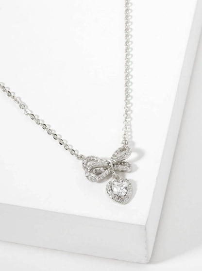 Heart CZ Drop Pave-Set CZ Brow Pendant 18K-Gold-Dipped Brass Necklace: Rhodium