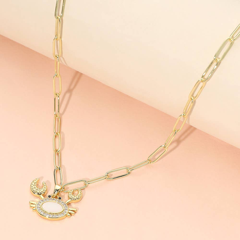 Stainless Steel Mother of Pearl CZ Stone Paved Crab Charm Pendant Paperclip Chain Necklace: Gold,Mother of Pearl
