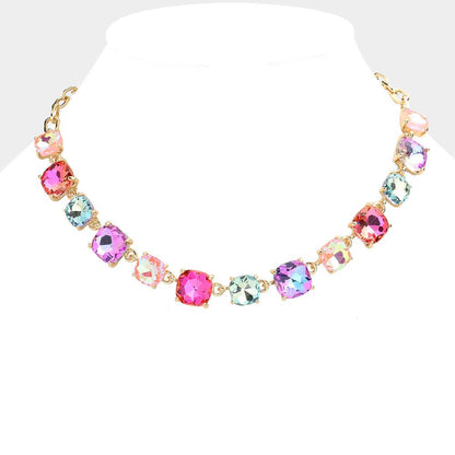 Cushion Square Stone Link Evening Necklace: Multi