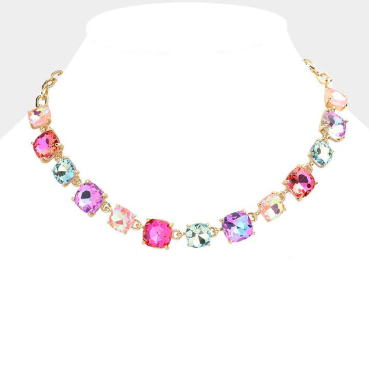 Cushion Square Stone Link Evening Necklace: Multi