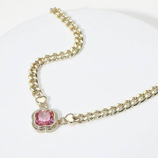 14K Gold Plated CZ Quatrefoil Pendant Pointed Chain Necklace: Pink
