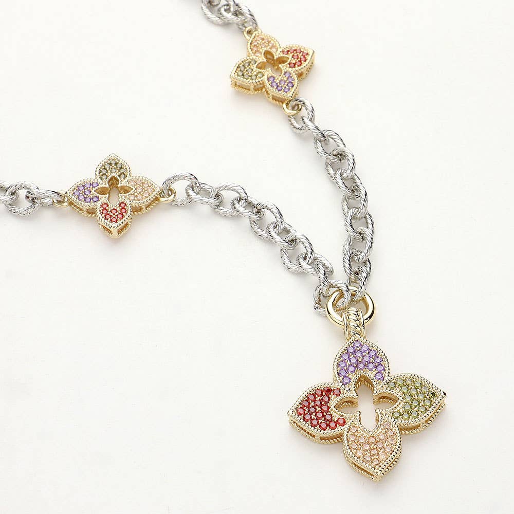 14K Gold Plated CZ Paved Clover Pendant Station Necklace: PAVE MULTI