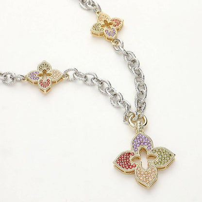 14K Gold Plated CZ Paved Clover Pendant Station Necklace: PAVE MULTI