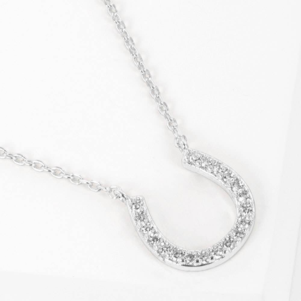 Gold Dipped CZ Stone Paved Horseshoe Pendant Necklace: Clear,Rhodium