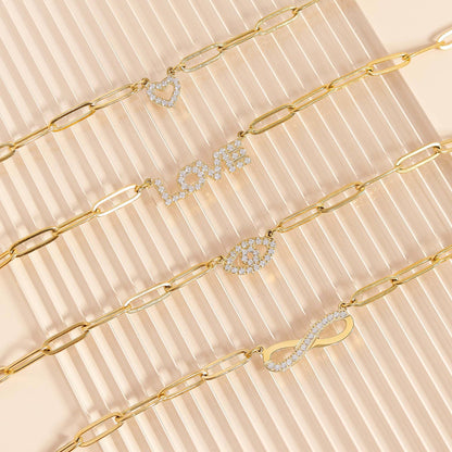 18K Gold PVD Stainless Steel Stone Heart Paperclip Chain Set: Stainless