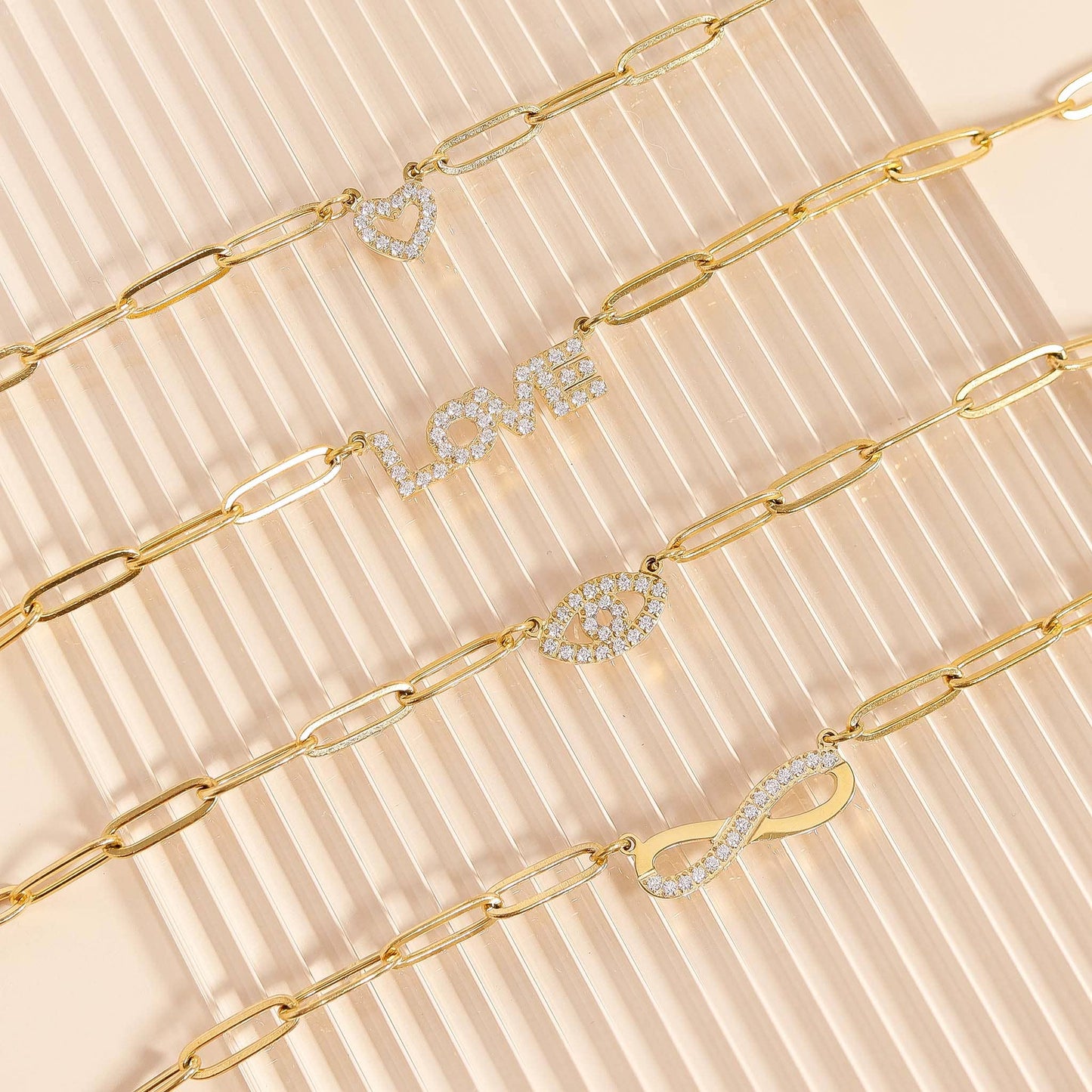 18K Gold PVD Stainless Steel Stone Heart Paperclip Chain Set: Gold