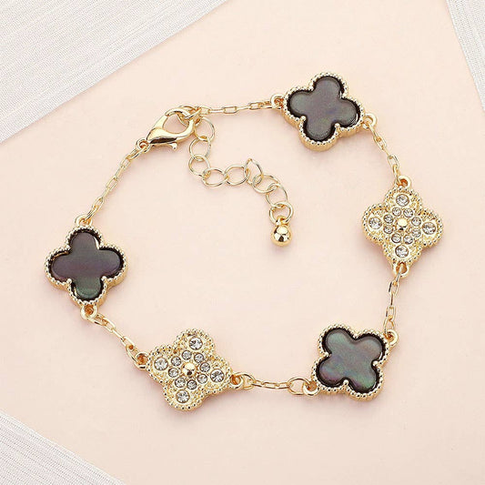 Stone Paved Natural Stone Quatrefoil Link Bracelet: Grey