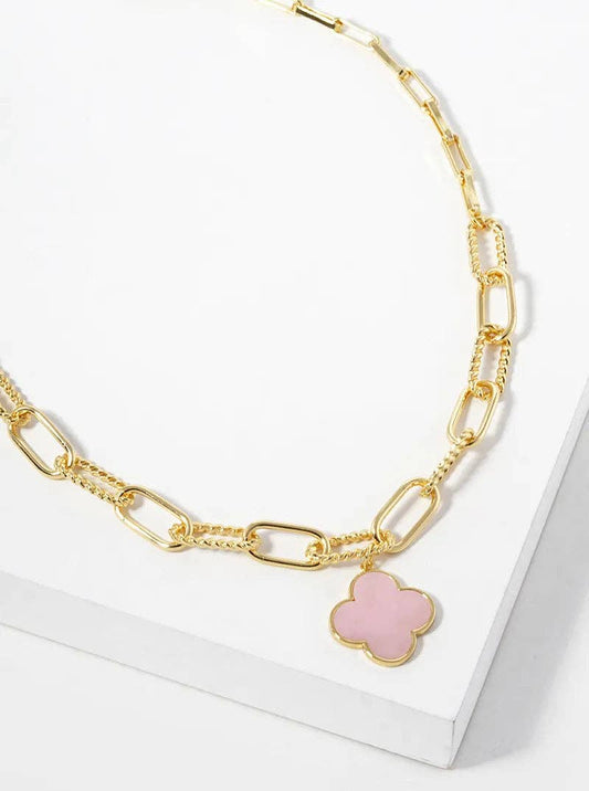 18K Gold Dipped Quatrefoil Pendant Link Chain Necklace: Gold-Pink