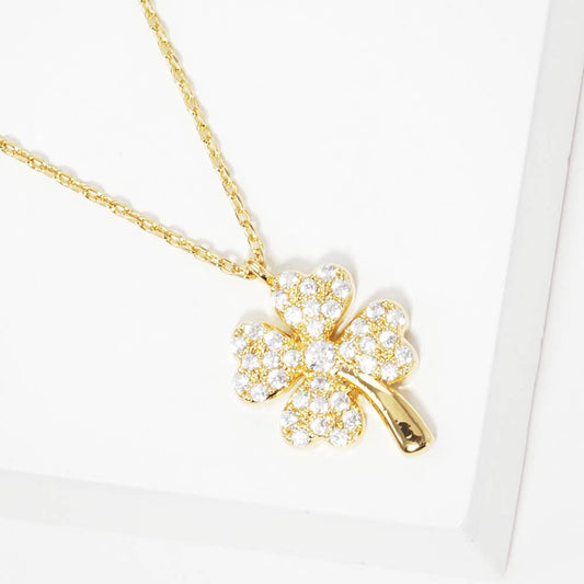 Gold Dipped Rhinestone Embellished Clover Pendant Necklace: Gold