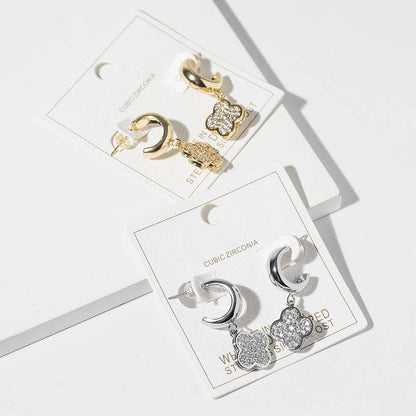 Gold Dipped CZ Stone Paved Quatrefoil Drop Dangle Mini Hoop Earrings: Clear,Rhodium
