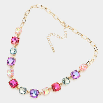 Cushion Square Stone Link Evening Necklace: Multi