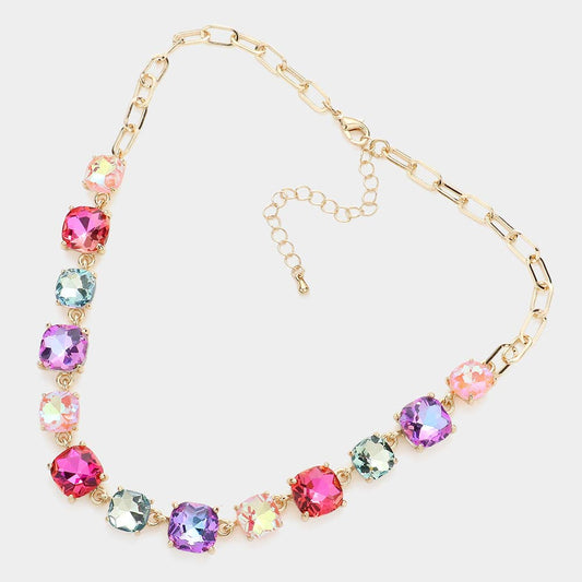 Cushion Square Stone Link Evening Necklace: Multi