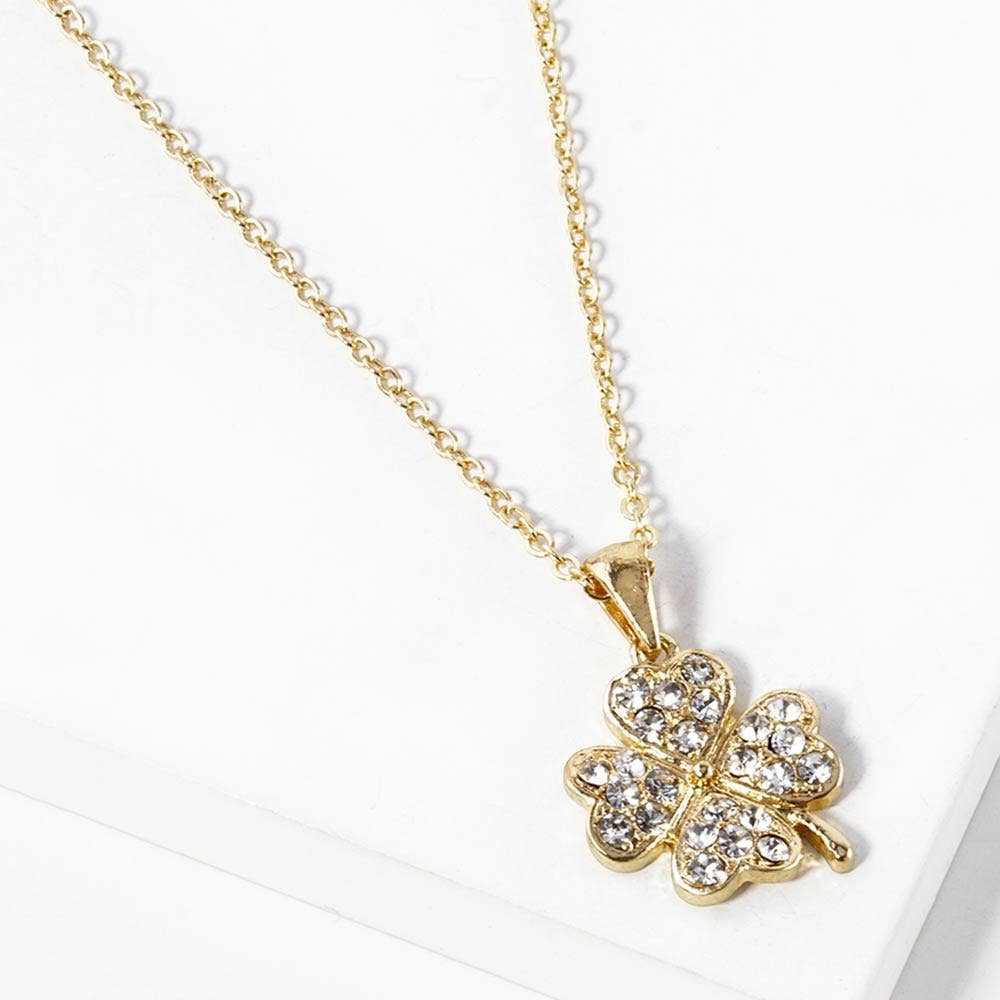 Stone Paved Mini Clover Pendant Necklace: Clear,Gold