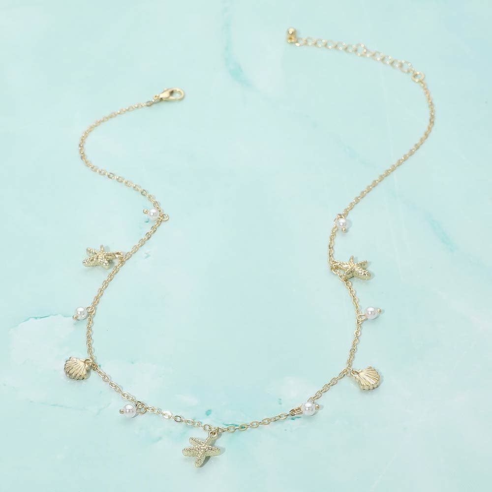 Starfish Shell PEarl Charm Station Necklace: Gold