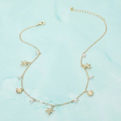 Starfish Shell PEarl Charm Station Necklace: Gold