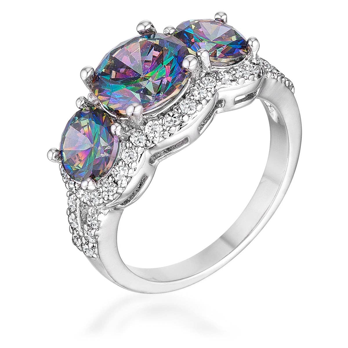 4 Ct Three Stone Rhodium Ring With Mystic and Clear CZ: 5