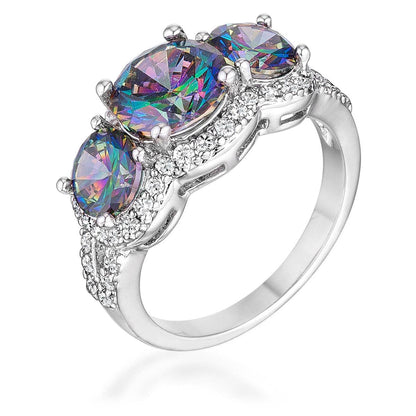 4 Ct Three Stone Rhodium Ring With Mystic and Clear CZ: 5