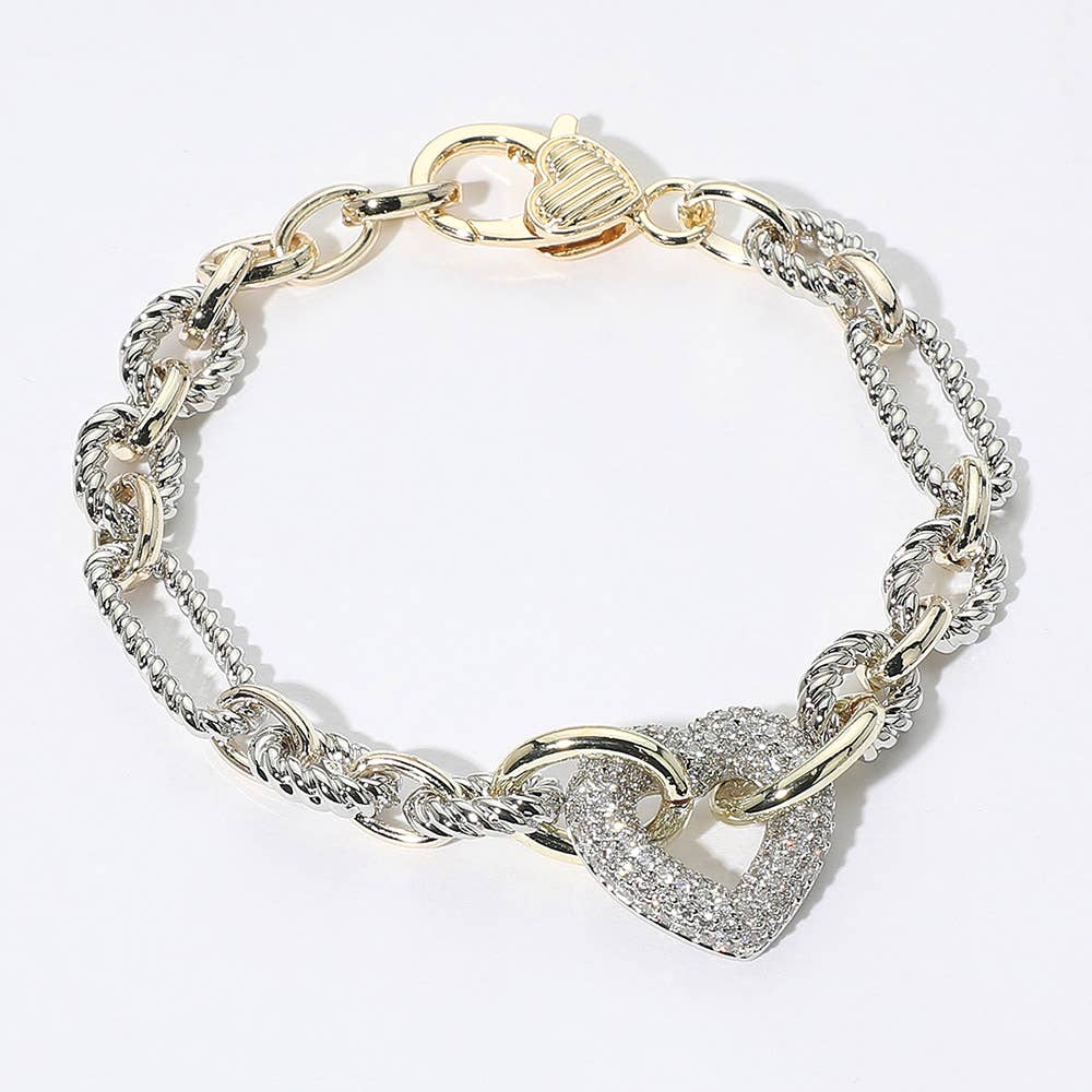 14K Gold Plated CZ Stone Paved Heart Link Two Tone Chain Bra