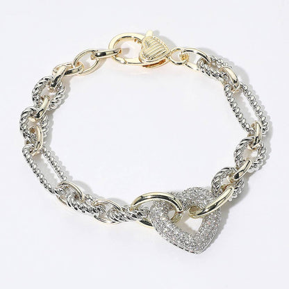 14K Gold Plated CZ Stone Paved Heart Link Two Tone Chain Bra