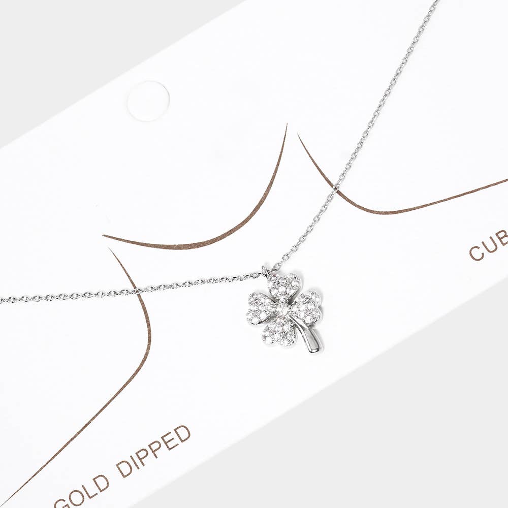 Gold Dipped Rhinestone Embellished Clover Pendant Necklace: Rhodium