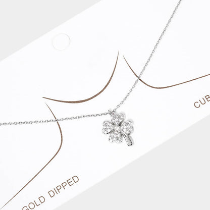 Gold Dipped Rhinestone Embellished Clover Pendant Necklace: Rhodium