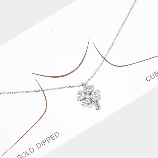 Gold Dipped Rhinestone Embellished Clover Pendant Necklace: Rhodium
