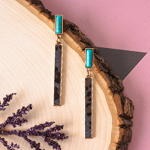 Rectangle Turquoise Animal Hide Earrings - Grey