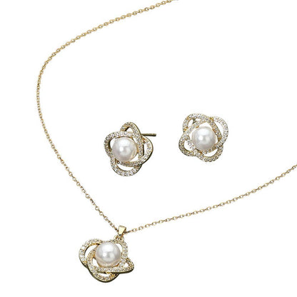 Stainless Steel Pearl Accent Stone Pave Flower Pendant Necklace: Gold