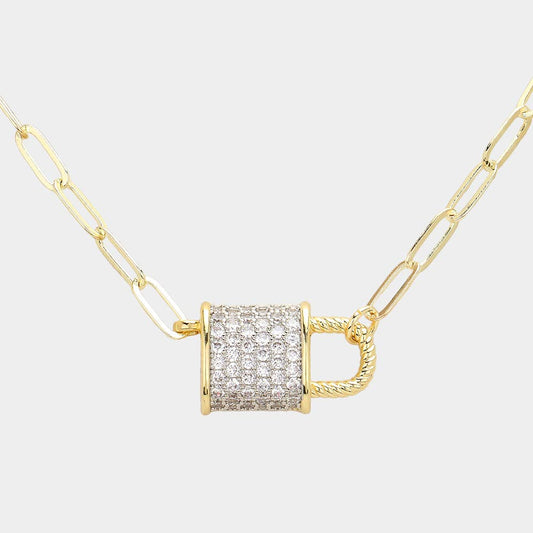 14K Gold Plated CZ Stone Paved Lock Pendant Necklace