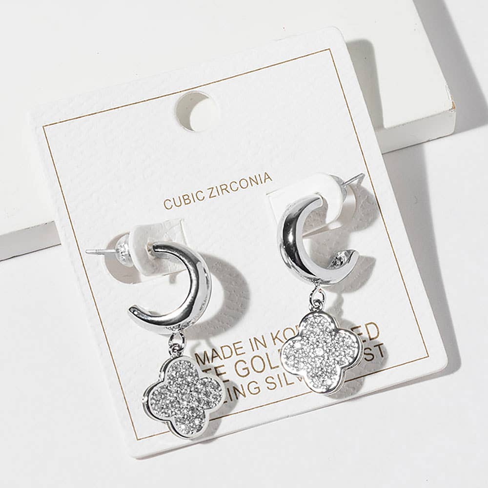 Gold Dipped CZ Stone Paved Quatrefoil Drop Dangle Mini Hoop Earrings: Clear,Rhodium