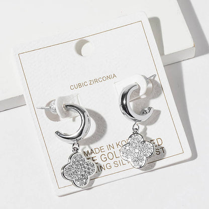 Gold Dipped CZ Stone Paved Quatrefoil Drop Dangle Mini Hoop Earrings: Clear,Rhodium