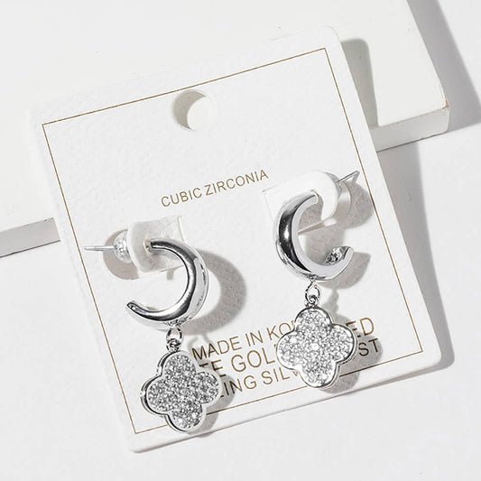 Gold Dipped CZ Stone Paved Quatrefoil Drop Dangle Mini Hoop Earrings: Clear,Rhodium
