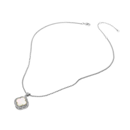 14K Gold Plated CZ Pave Rim Quatrefoil Pendant Necklace: Mother of Pearl