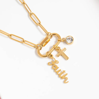 18K Gold PVD Stainless Steel Cross Carabiner Charm Necklace: Stainless