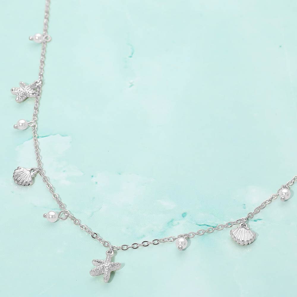 Starfish Shell PEarl Charm Station Necklace: Silver